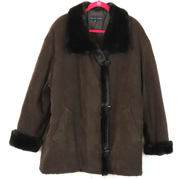 Y2K GALLERY Microsuede Penny Lane Chocolate Brown Coat Faux Fur Trim Collar XL - Picture 1 of 9